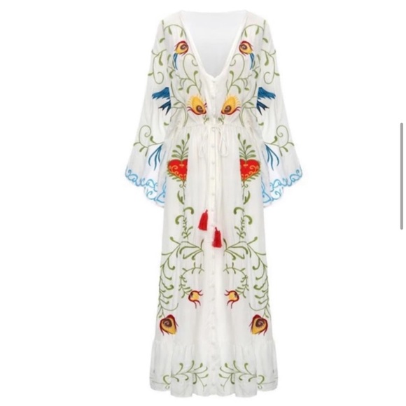 Boho Embroidered Hearts Magic Kimono Long Maxi Gown In White 5 Star ⭐️ Favorite - Picture 9 of 15